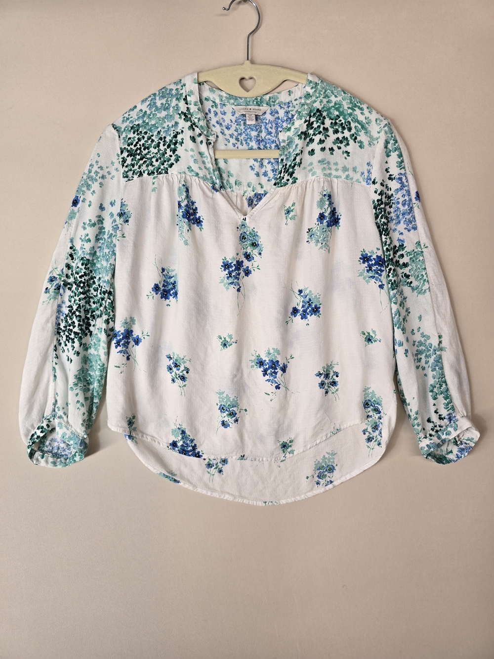 Lucky Brand Boho Peasant Floral Blouse V-Neck 3/4 Sleeve Top S Lightweight